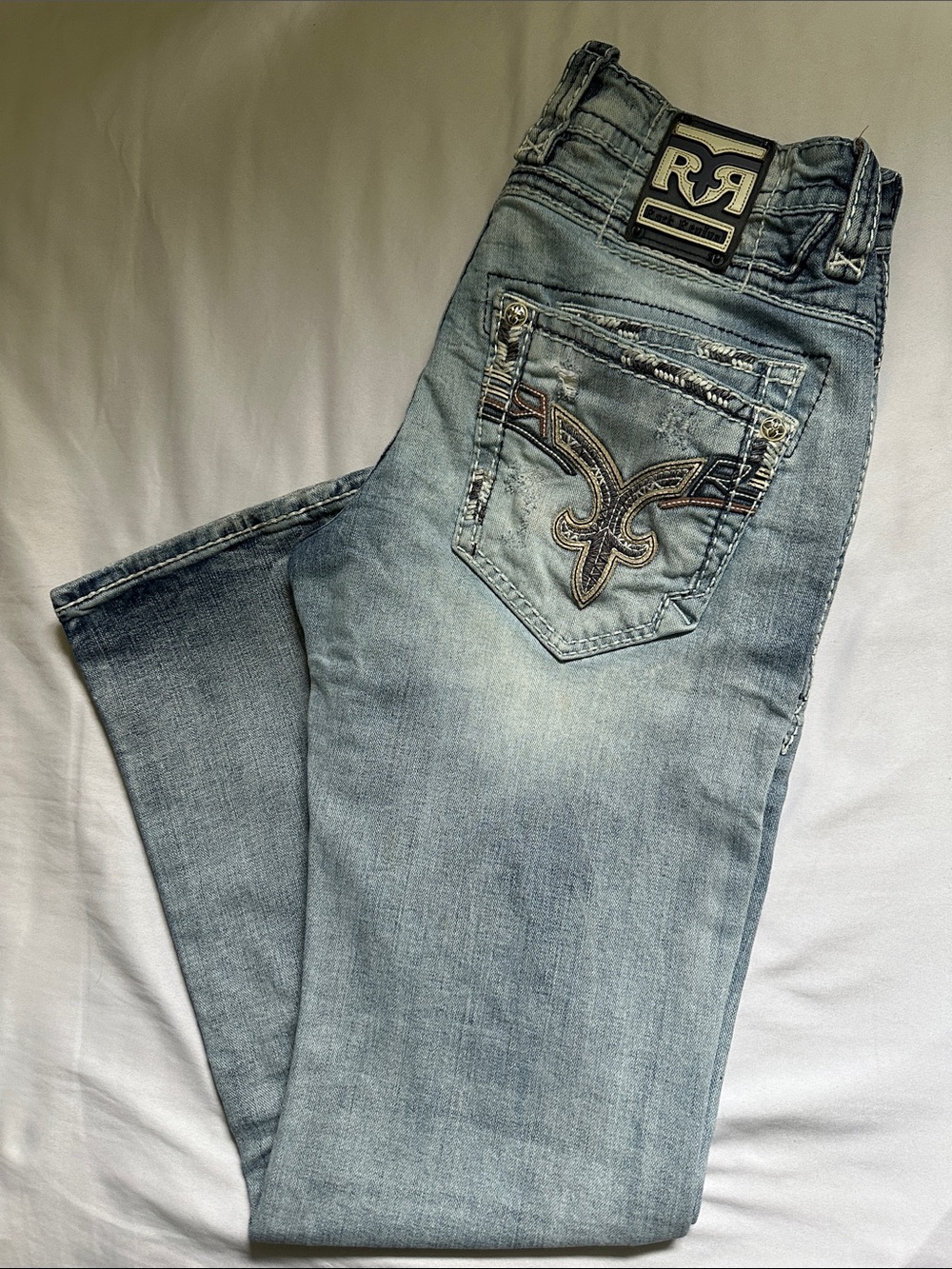 Rock Revival Men’s Light Blue Bootcut Jeans with Embroidered Back Pocket
